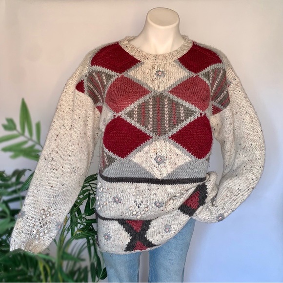 v i n t a g e :: Long Plaid Floral Embroidered Granny Knit Sweater - Picture 4 of 11